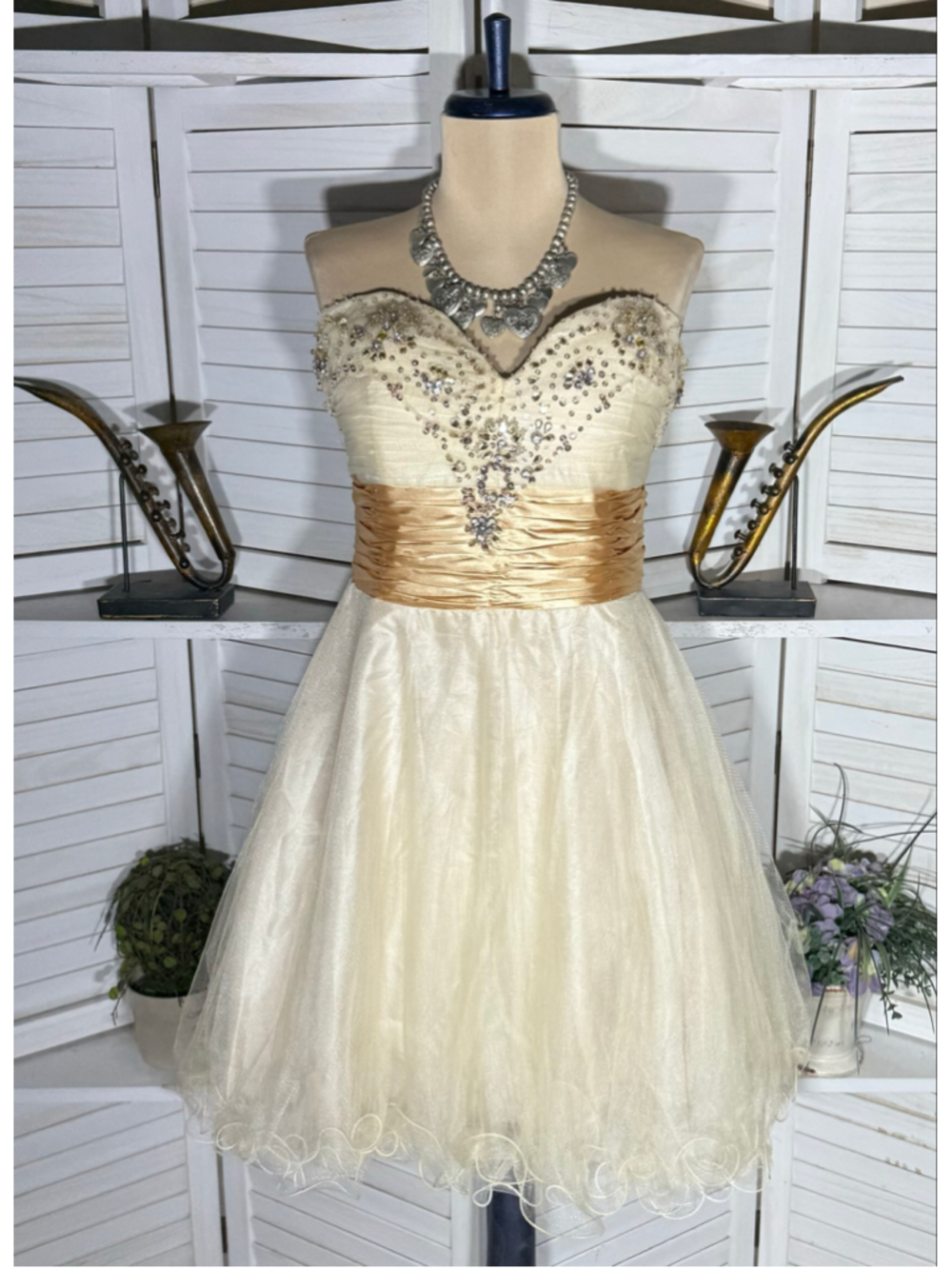 MayQueen Couture mesh mini dress gold beaded strapless fairy princess homecoming
